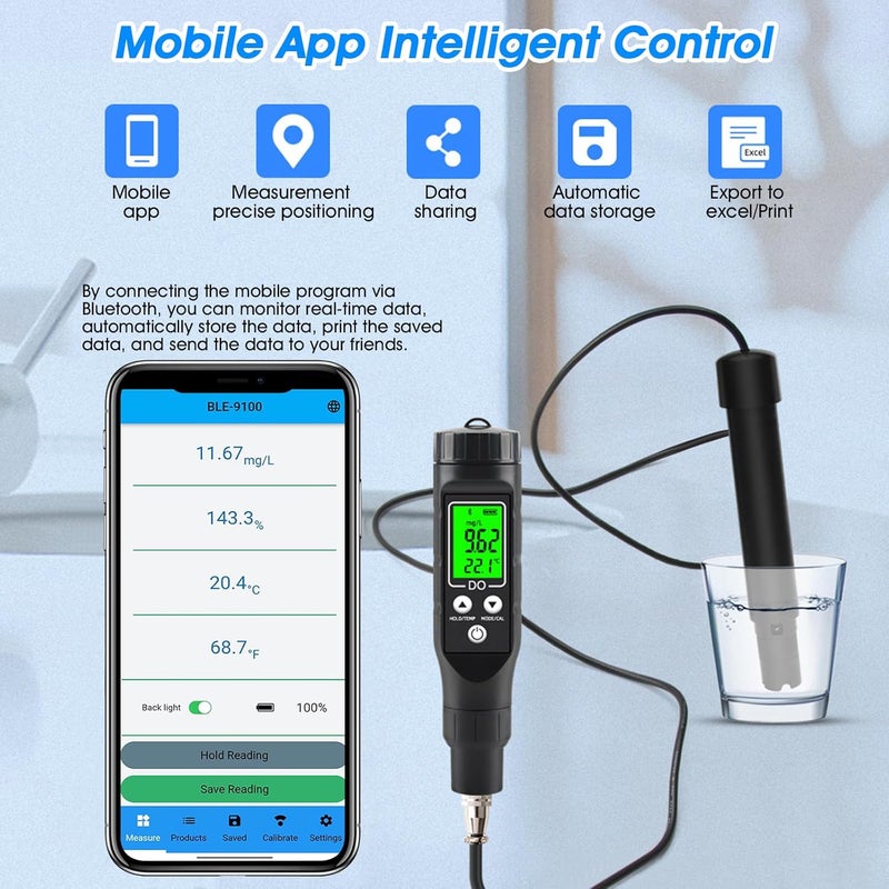 LYCEBELL Dissolved Oxygen Meter with Bluetooth Filling Fluid Range:0-30mg/L, with Automatic Temperature Compensation Function,Pen Type Dissolved Oxygen Test Kit for Aquarium, Ponds, Aquaculture - Image 2